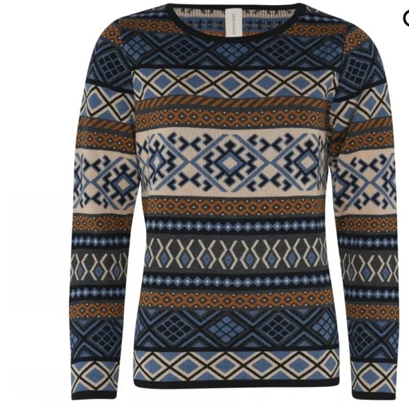 Skovhuus Sweaters - SKOHUUS | Women's Tan/Blk/Blue Geometric Long Sleeved Knitted Sweater